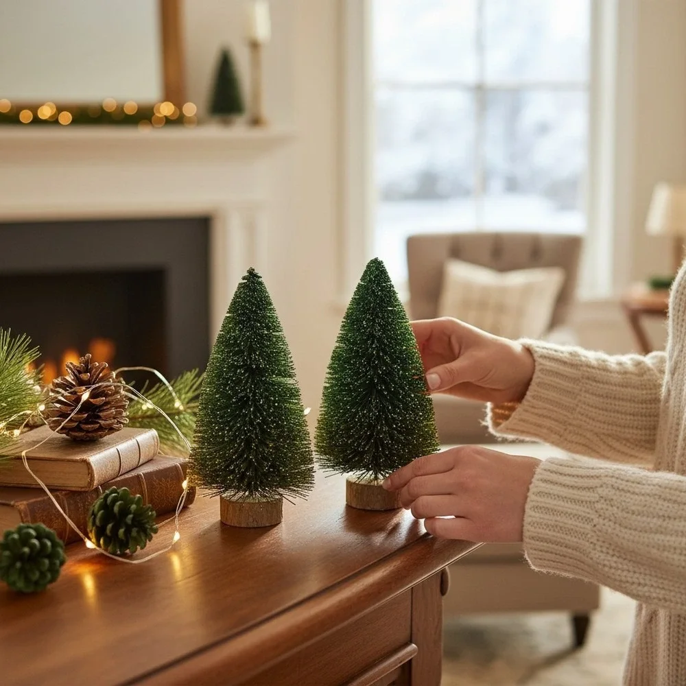 The Container Store Bottle Brush Trees 5in Green Excellent Sisal Set 2